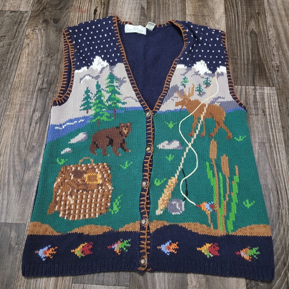 Vintage Design Options 90's Outdoors Fly Fishing Sweater Vest Size Large Knit